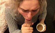 Blonde beauty pleasures her boyfriend with oral sex and post-coitus coffee sip